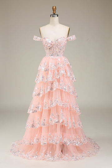 Blush Off the Shoulder Corset Sequin Tiered Prom Dress with Slit